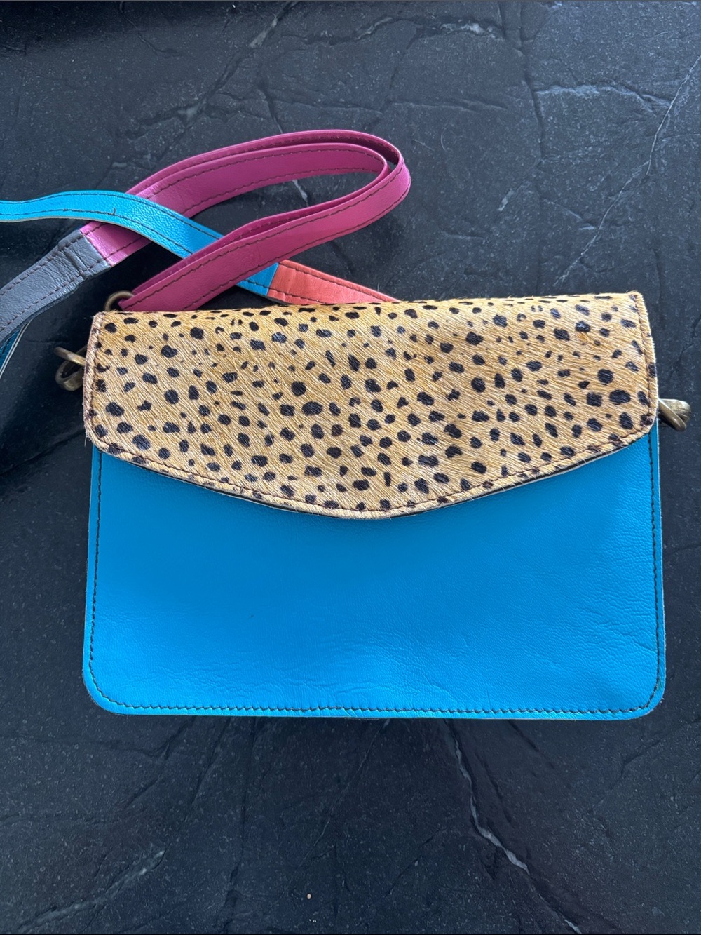 Vibrant Blue Leather Crossbody with Leopard-Print Flap